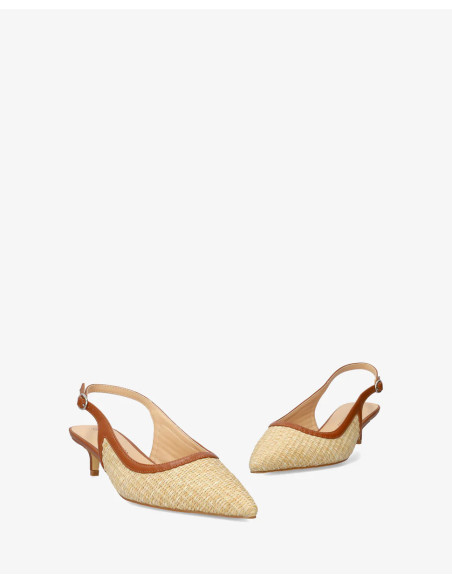 Décolleté Slingback a punta in rafia color camel