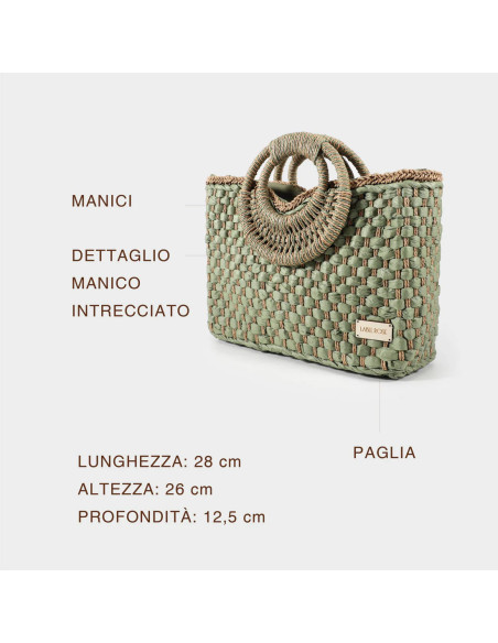 BORSA A MANO IN PAGLIA CON MANICO INTRECCIATO VERDE LABEL ROSE